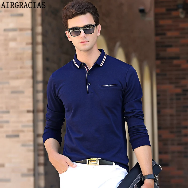 

AIRGRACIAS Polo Shirt Men Solid Color Long-Sleeve Men's Polos New Arrival Breathable Brand Clothing Camisa Polo Shirts 8890