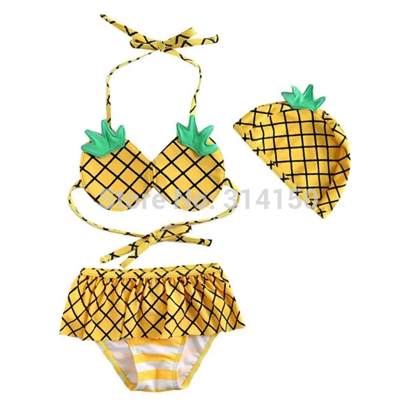 VIVOBINIYA/ ; детский купальный костюм для маленьких девочек с рисунком ананаса; детский купальный костюм; комплект из 3 предметов; летняя одежда - Цвет: Золотой