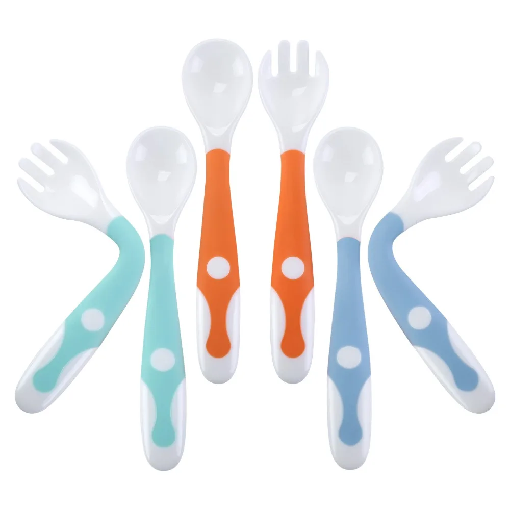 

cute stone BPA Free Baby Tableware Infant Feeding Spoons Forks 6pcs Non-Slip Gadgets Easy Grip Heat-Resistant Bendable Utensils