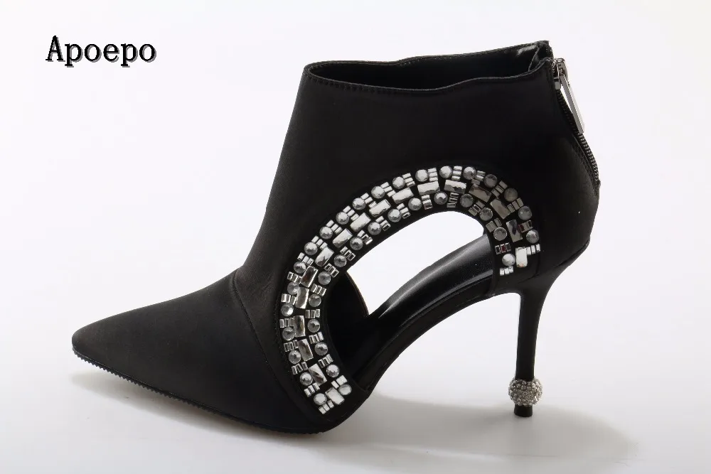 

New brand sexy pointed toe ankle boots 2018 bling bling crystal embellished high heel boots woman cutouts ankle boots