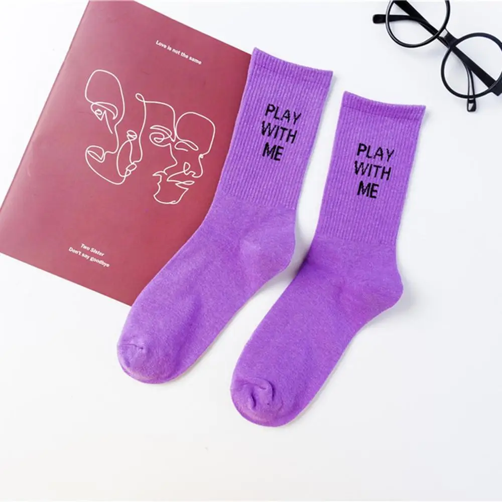 Корейские забавные Женские носочки с принтом «PLAY WITH ME», дышащие мужские носки, хлопковые мягкие теплые короткие носки, Meias Chaussettes Femmes - Цвет: Фиолетовый