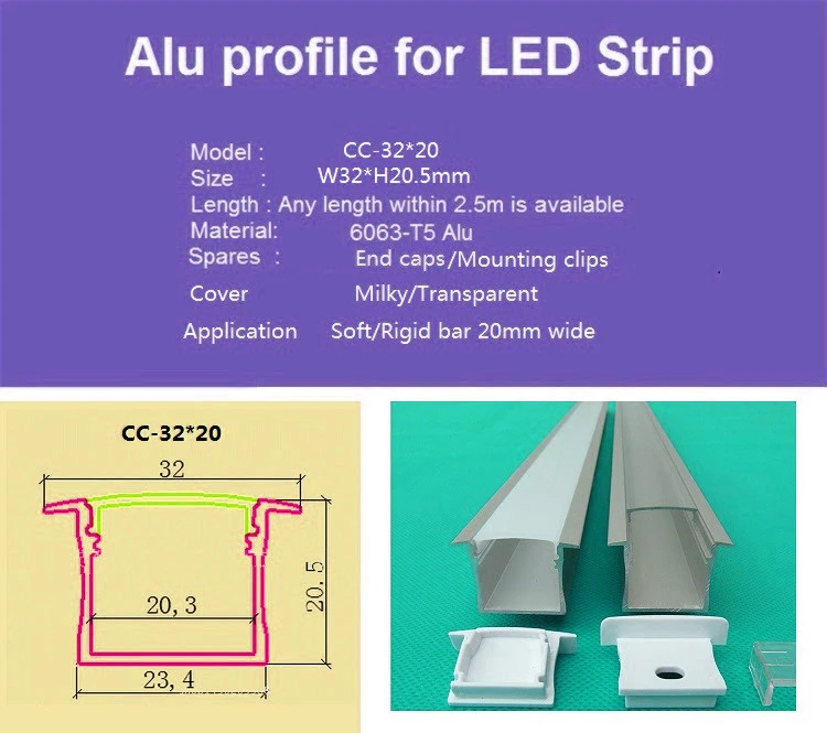 Производится в течение 5-30 шт. 40 дюймов 1 м светодиодный алюминиевый профиль для светодиодных 20 мм светодиодные полосы, W32mm* H20mm, встроенный, Встроенный линейный свет, настенный светильник в доме