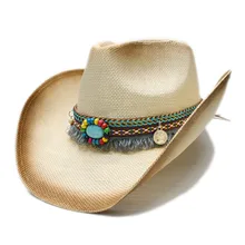 LUCKYLIANJI женская мужская летняя Соломенная пляжная ковбойская Западная пастушка Fedora Шляпа национальная кисточка Бирюзовая кожаная лента 58 см