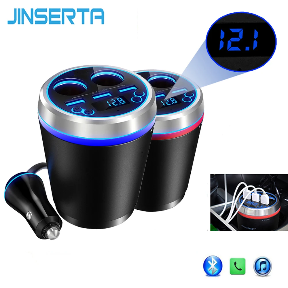 

JINSERTA TF/Micro SD Music MP3 Player Car Kit Bluetooth FM Transmitter HandsFree Cigarette Lighter Splitter 3 Ports USB Charger