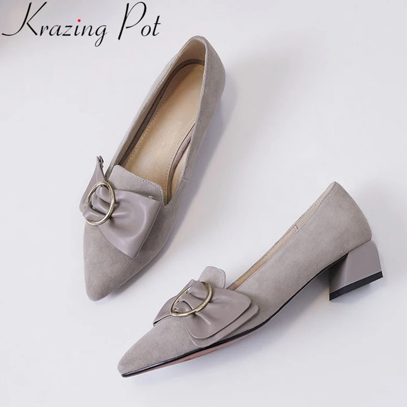 

Krazing Pot 2019 superstar kid suede med heels slip on pointed toe women pumps shallow butterfly-knot wedding spring shoes L58