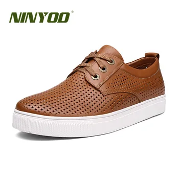 

NINYOO Fashion Summer Hollow Out Shoes Men Genuine Leather Casual Shoes Man Wearproof Breathable Lace Up Flats Big Size 50 51 52