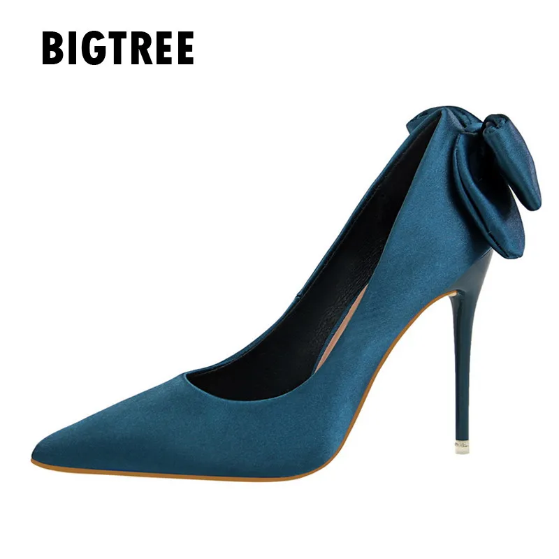 

New 2019 Women pumps Fashion Sweet Bowknot silk stiletto high heels Shoes ladies Spring Summer wedding Party shoes woman Zapatos