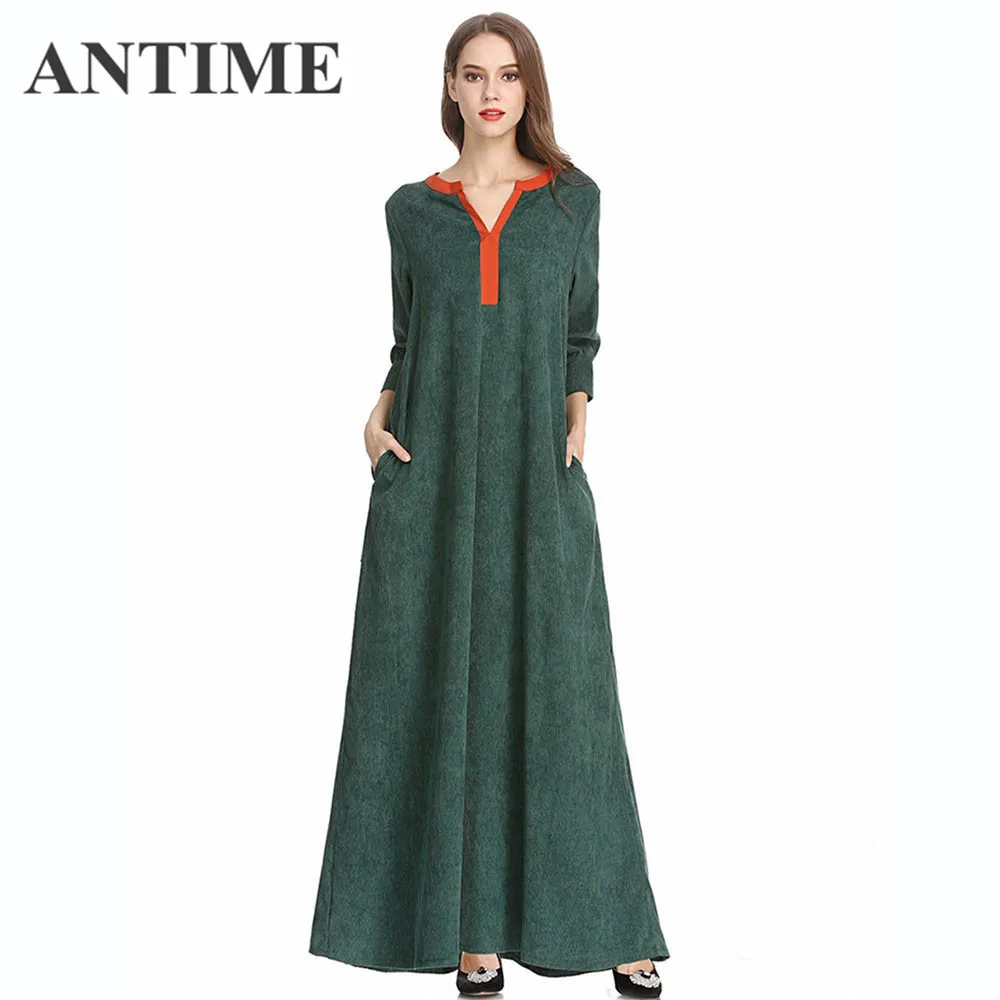 

ANTIME Women's Clothing Velvet Beautiful Dress Ladies High Street Fall Autumn V Neck A Line Sash Solid Long Sleeve Warm Dresses