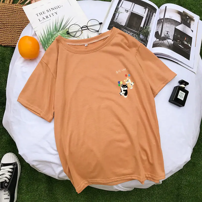 Лето каваи Шиба футболка Повседневная Женская короткий рукав Harajuku милый мультяшный принт Топы Рубашки уличная Tumblr Корейская одежда - Цвет: Khaki