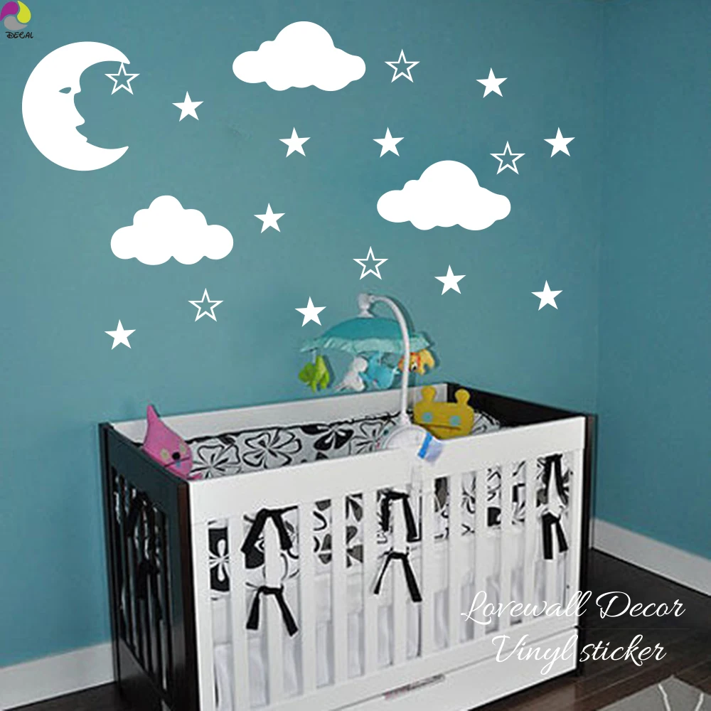 642 14 De Réductiondessin Animé Lune étoiles Nuages Mur Autocollant Bébé Pépinière Enfants Chambre Grande Taille Lune étoile Nuage Décalque Vinyle