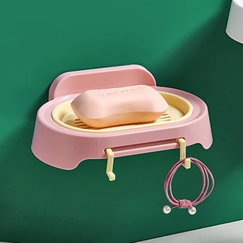 

Magic No Trace Double Layer with Double Hook Drain Soap Box Bathroom Tray Accessories Box Shelf Wall Dishes