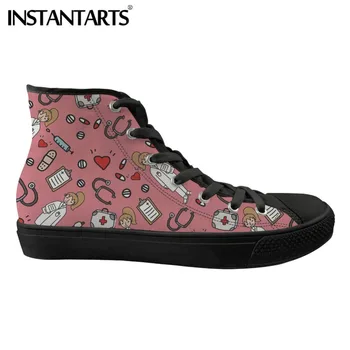 

INSTANTARTS Women Nurse Shoes Cartoon Nurse Pattern Female Sneakers Sketch Medical Pink High Top Canvas Shoes Spring Zapatos