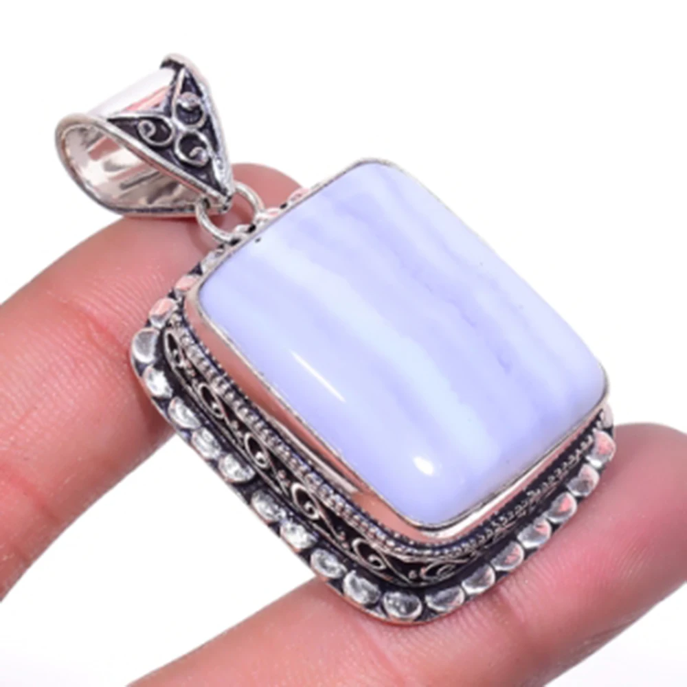 

Blue Lace Agates , Silver Overlay on Copper Antique Pendant , 50mm, P5823