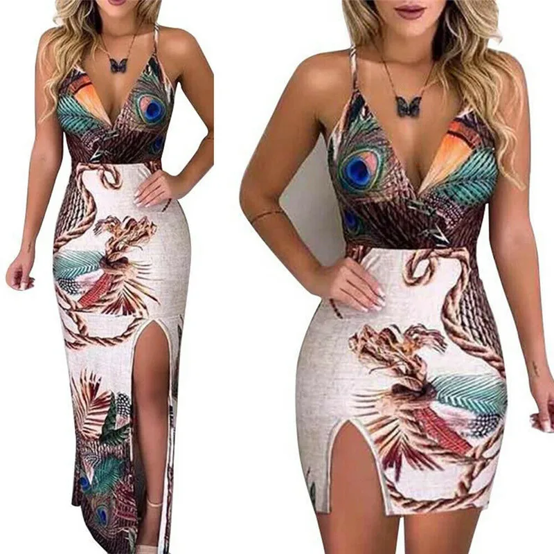 

Women Peacock Feathers Print Dress Sexy Ladies Strap V-Neck Bodycon Dress Thigh-High Slit Sundress Party Summer Women Slip Dress