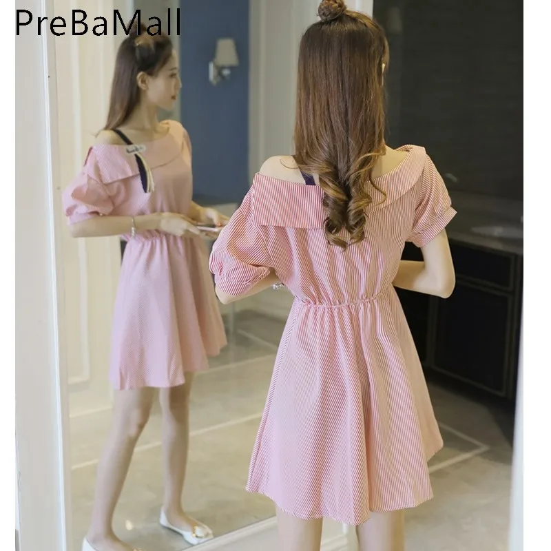 2019 Fashion Striped Women Dress Hollow Out Sleeve Summer Casual Mini Dress Chiffon Defined Waist Dresses Vestidos C195