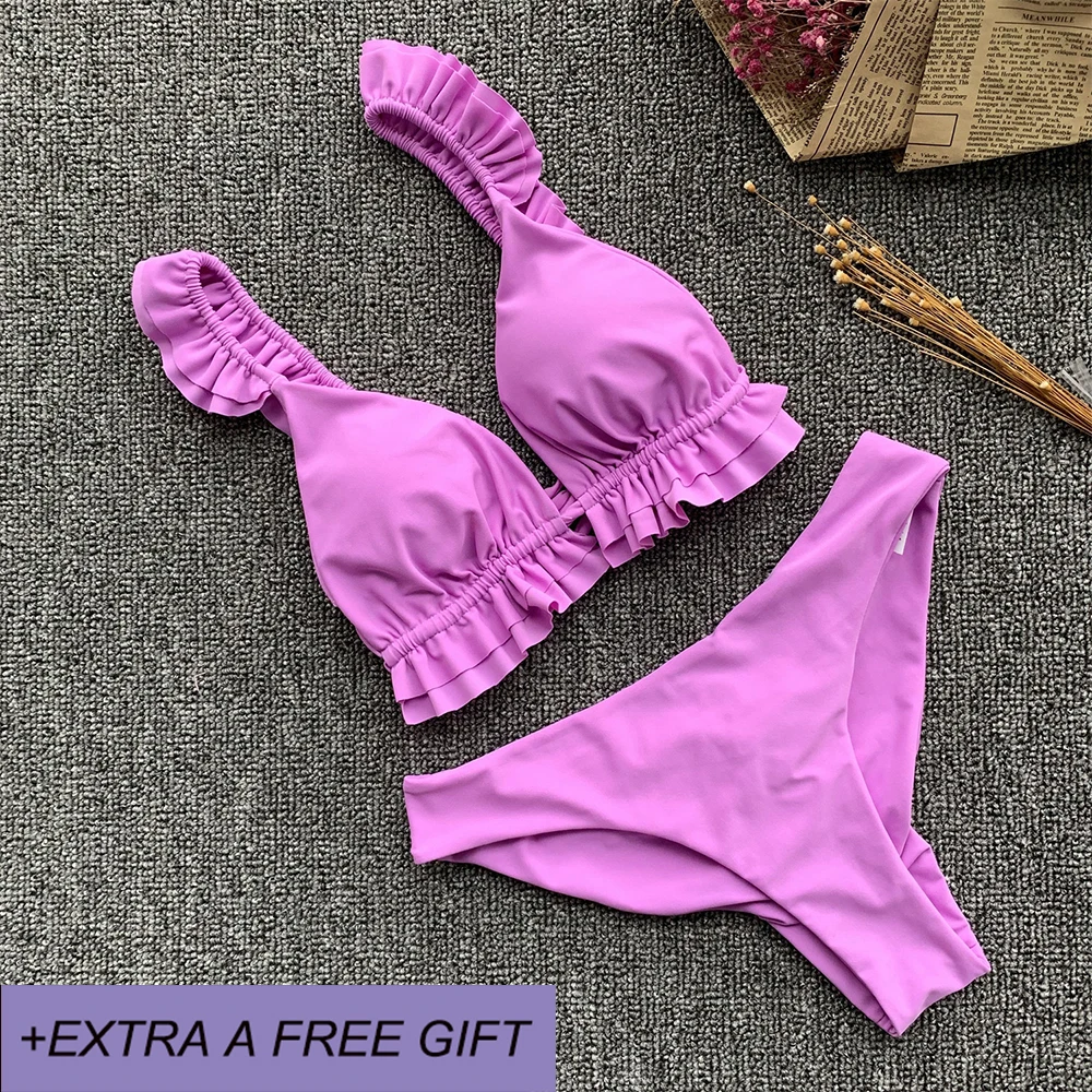 Фиолетовое бикини бразильский женский купальник с оборками на плечах, бикини с низкой талией, бандажный купальник, купальный костюм, купальный костюм, Новинка - Цвет: Фиолетовый