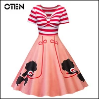 OTEN-Summer-2018-Women-Clothing-Short-sleeve-V-Neck-Striped-Printed-Casual-cute-pleated-retro-vintage