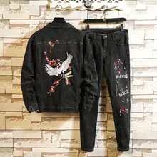 Новинка года, модный Джинсовый комплект для пары с вышивкой, тонкие черные куртки, мужские облегающие повседневные красивые качественные мужские комплекты, подходят к джинсовым штанам