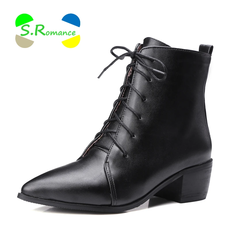

S.Romance Women Ankle Boots Classic Pointed Toe High Quality PU Lace Up Rubber Sole Plus Size 32-43 Women's Fashion Shoes SB455