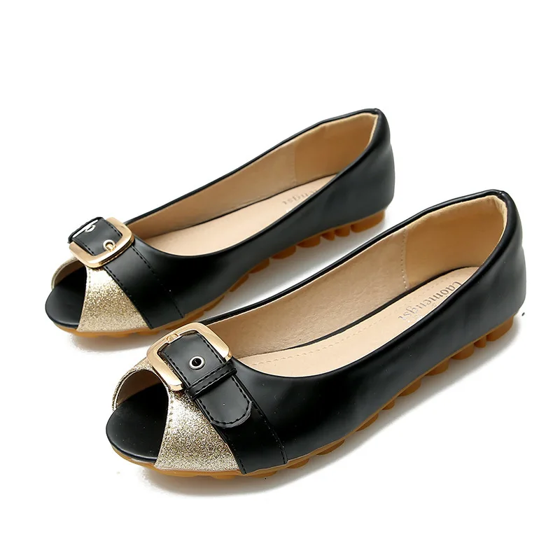 Летняя обувь; женские водонепроницаемые мокасины на плоской подошве; милые элегантные туфли с открытым носком; модная женская обувь на плоской подошве с пряжкой для учащихся; размеры 34-43 - Цвет: black