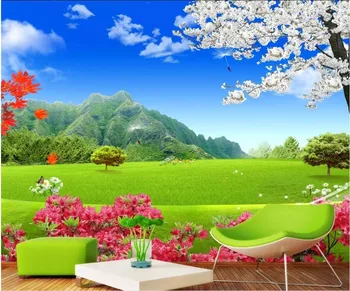 

custom mural 3d photo wallpaper for bedroom Natural landscape green meadow cherry blossom background wallpaper for walls 3 d
