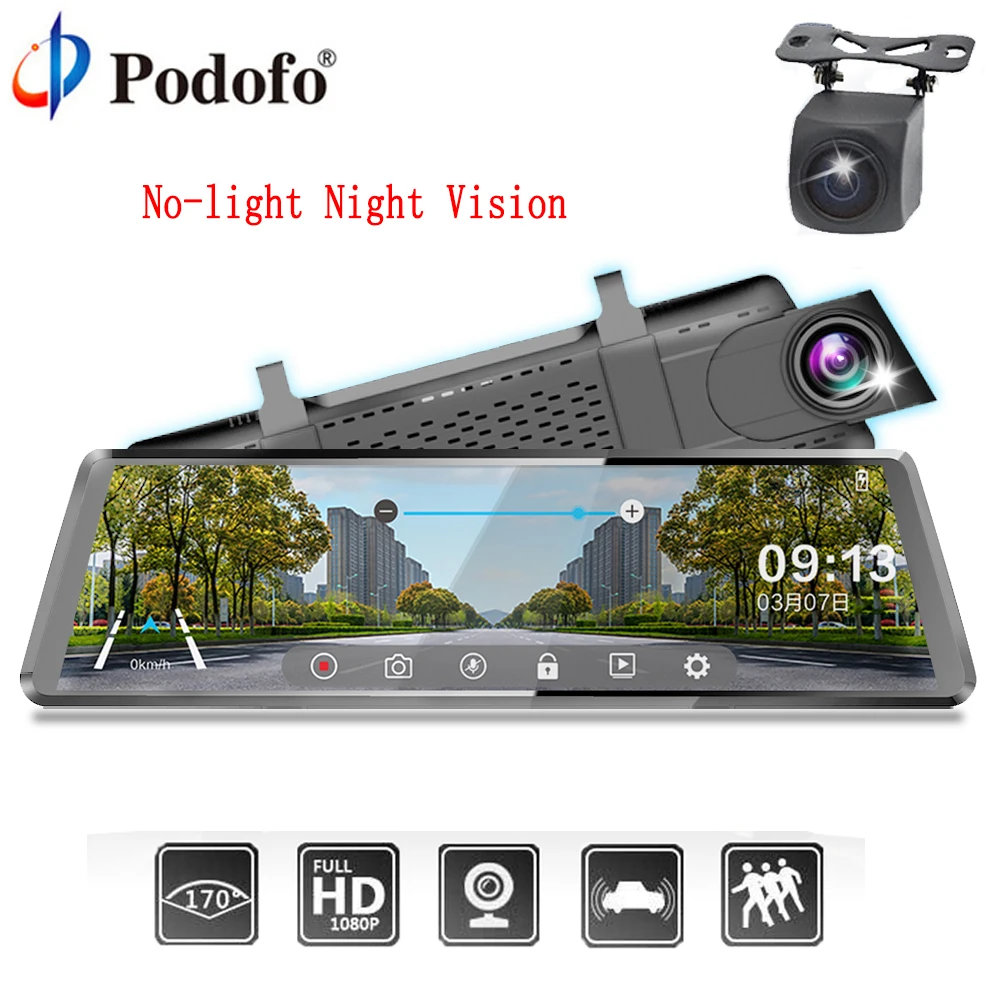 

Podofo Car DVR Stream RearView Mirror dual dash Camera auto registrator 10" IPS Touch Screen Full HD 1080P Car Recorder dashcam