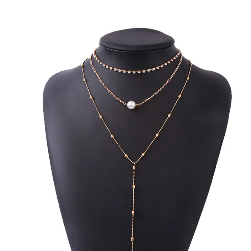 1three Layer Chain Hanging Pearl Necklace Chain Chain Women Jewerly