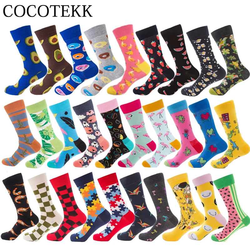 New Casual Combed Cotton Men's Socks Tend Harajuku Street Hip Hop Funny Happy Socks Colorful Avocado Pattern Long Socks For Men m 5xl new european and american personality fashion men s blue pattern hip hop loose baseball suit street hip hop jacket