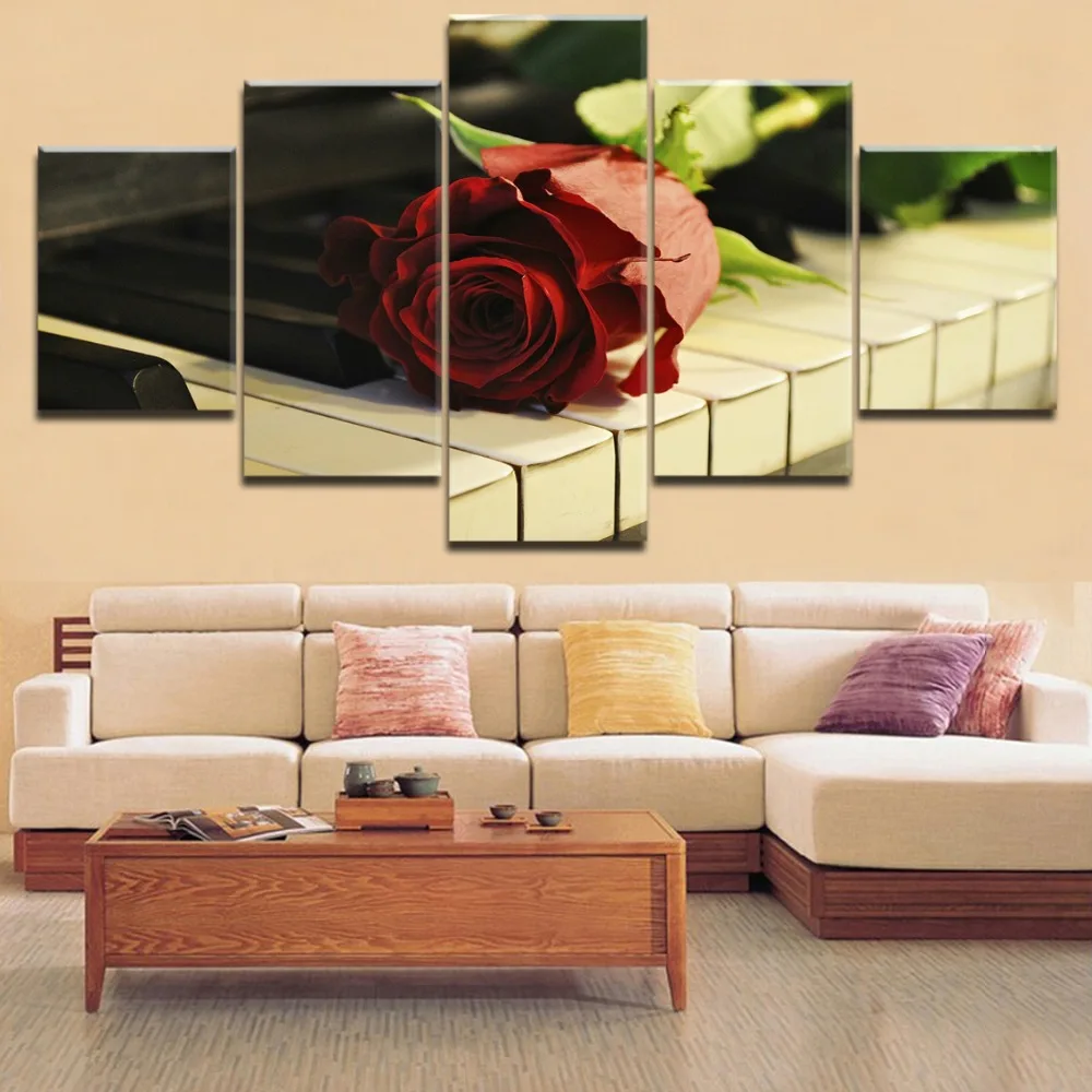 

5 Panels HD Printing 5 Pieces Musical Instruments Piano And Red Roses Painting Type Poster Home Decor Living Room Framework