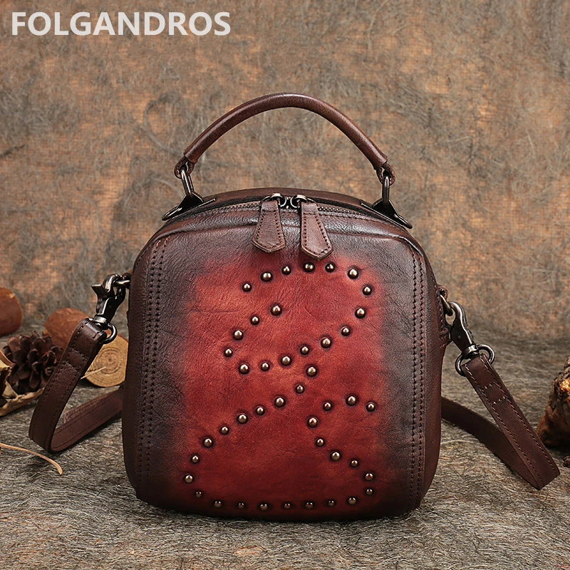 

New Women Handbags Original Brand Genuine Leather Vintage Casual Rivet Shoulder Bag Tote Designer Cowhide Messenger Bags Bolsa