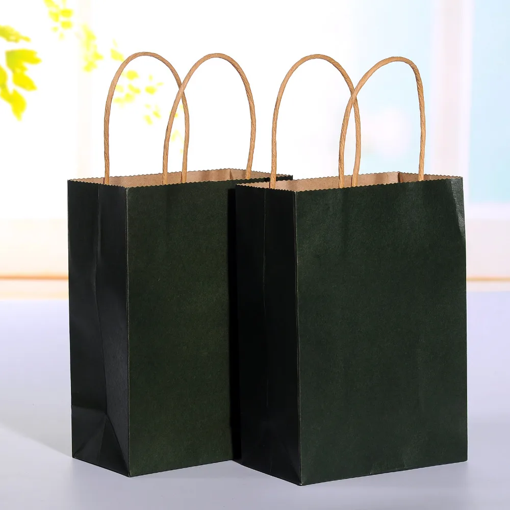 

40pcs/lot Dark green kraft paper bag with handle Wedding Party Favor Paper Gift Bags 21*15*8cm