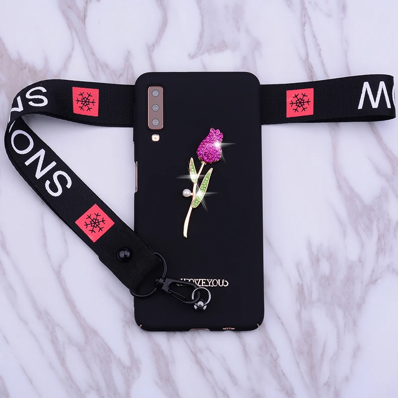 

For Samsung Galaxy A50 Case Cover Hard Silicone Cover Rose Wrist strap Phone Case For Samsung A50 2019 A505 SM-A505F bumper