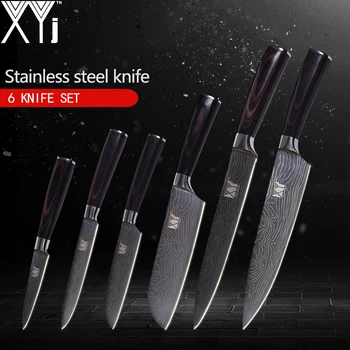 

XYj Kitchen Knives High Carbon 7Cr17 Stainless Steel Knife Damascus Veins Pattern Cooking Tools 3.5, 5, 5, 7, 8, 8 inch 6pcs Set