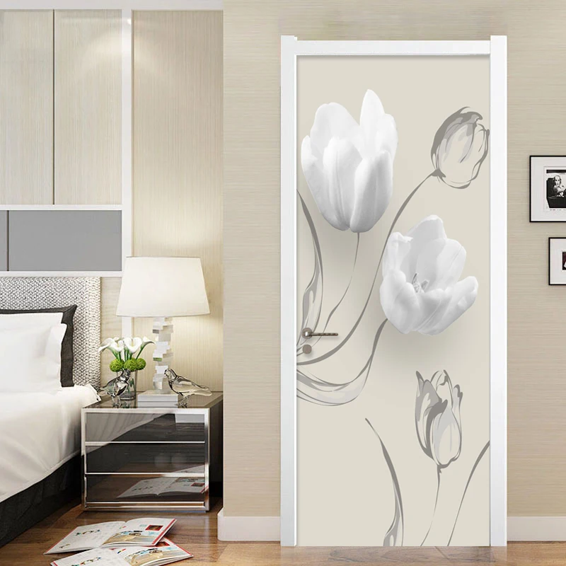 PVC Self-Adhesive Waterproof Door Sticker Modern White Flowers Mural Wallpaper 3D Living Room Bedroom Home Decor Wall Stickers