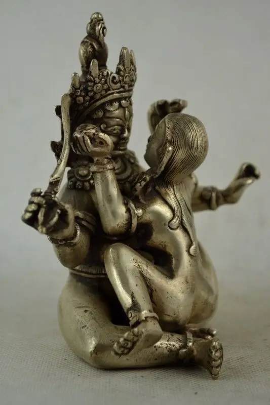 Коллекционирование Старый Оформлен Ручная Тибет Серебряные Carving MAKE LOVE Статуя