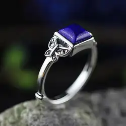 Настоящее 925 пробы серебро натуральный Лазурит кольца для Для женщин квадратной формы Изменение размера Винтаж бабочка кольца Fine Jewelry