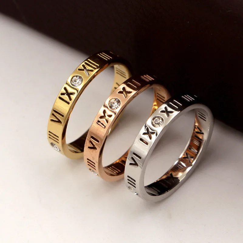 Couples Rings Women Titanium Steel Jewelry Roman Numerals CZ Crystals Rings Trendy Party Love Couple Ring