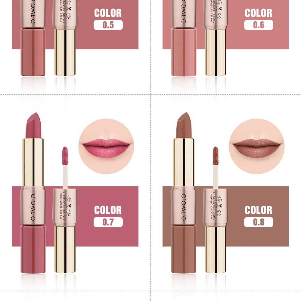 O.TWO.O 2 in 1 Matte Lipstick+Lip Gloss Lips Makeup Cosmetics Waterproof 12 Colors Choose