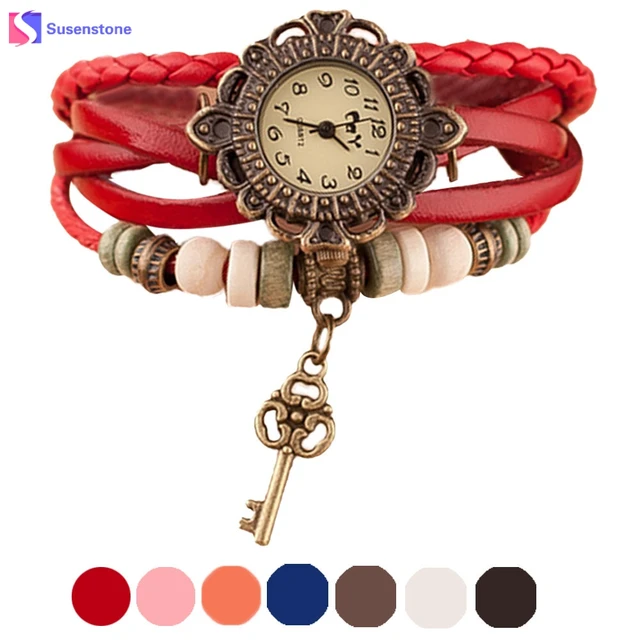 Female Leather Weave Around Key Pendant Women Bracelet Watches Vintage Analog Qu Female Leather Weave Around Key Pendant Women Bracelet Watches Vintage Analog Qu