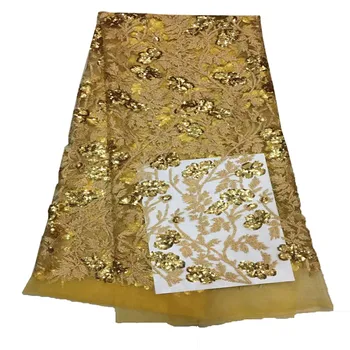 

African Lace fabric with Sequins Gold Color French lace Fabric Latest Design Nigerian lace fabric for Women dress HX369-1
