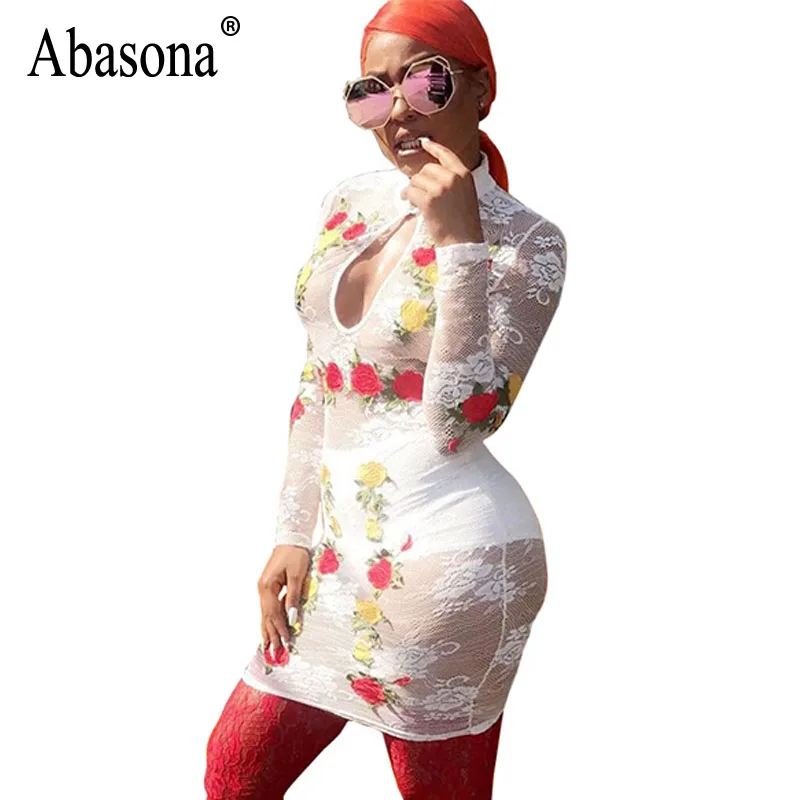 Abasona Women White Lace Dress 2017 Autumn Long Sleeve Women Embroidery Dress V Neck Sexy Club Wear Embroidered Mesh Dress long-white-lace-dress