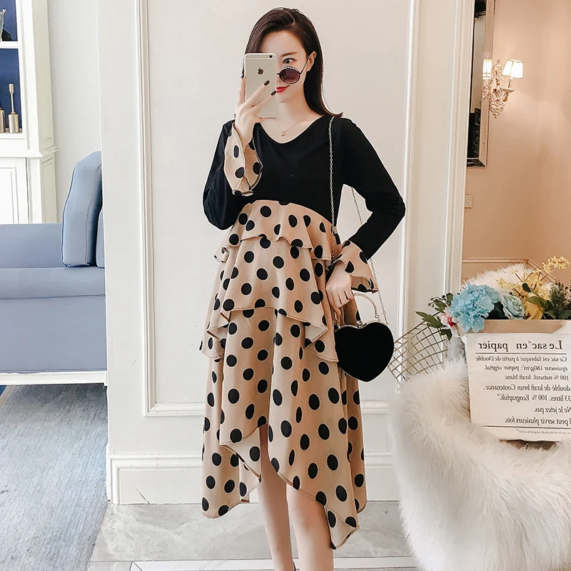 9909# 2019 Spring Fashion Dot Printed Patchwork Black Maternity Dress Clothes for Pregnant Women Stylish Pregnanancy Clothing