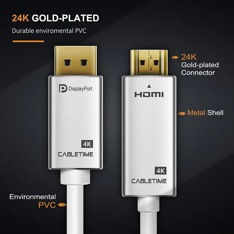 Cabletime DisplayPort To HDMI Cable 4K 30Hz DP To HDMI DP M/M Gold-Plated Pre DP 1.2 for HDTV Projector Laptop PC Monitor N165 Cabletime DisplayPort To HDMI Cable 4K 30Hz DP To HDMI DP M/M Gold-Plated Pre DP 1.2 for HDTV Projector Laptop PC Monitor N165