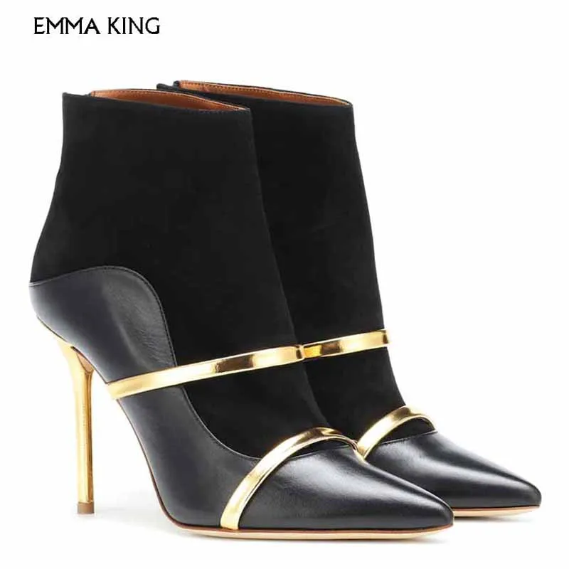 

New Black Suede Leather Ankle Boots With Gleaming Golden Trims Pointed-toe And Metallic Bands Across The Vamp Stiletto Heels