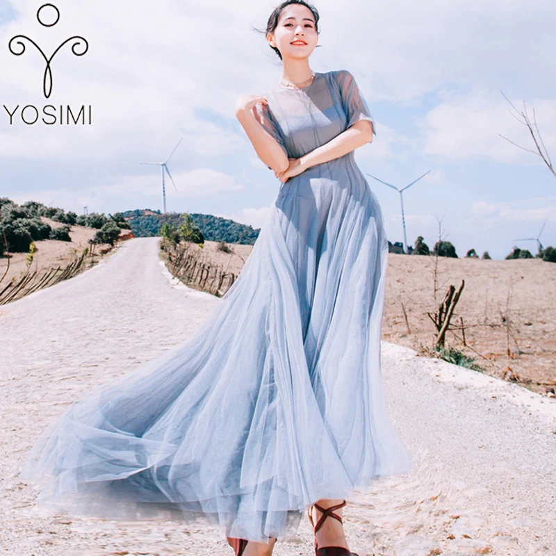 YOSIMI Summer Mesh Long Women Dress Evening Party Mid-calf Short Sleeve O-neck Bandage Dress Ivory Beige Long Dress Elegant
