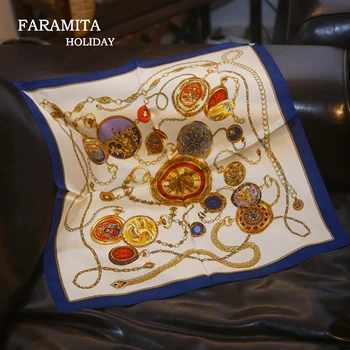 

Faramita Holiday High Quality Bags Decorative Stars Time Printed Women 100% Silk Square Scarf Scarves Ladies Headwear Shawls