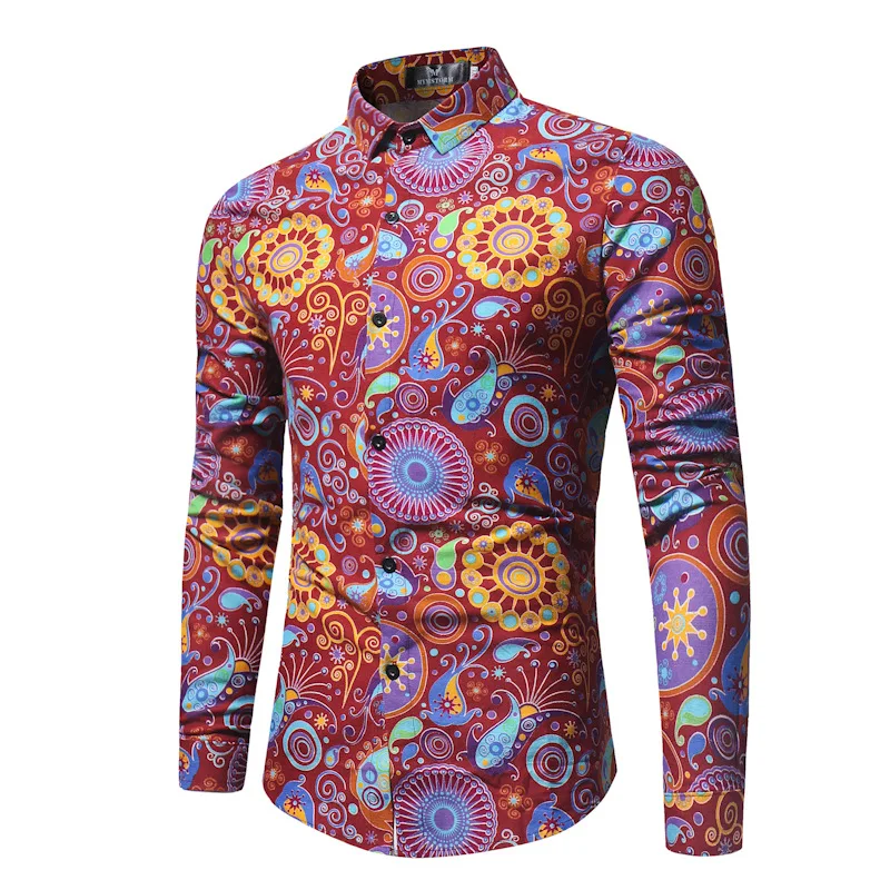 Fashion Spring Autumn Casual Men Shirt Slim Fit Flower