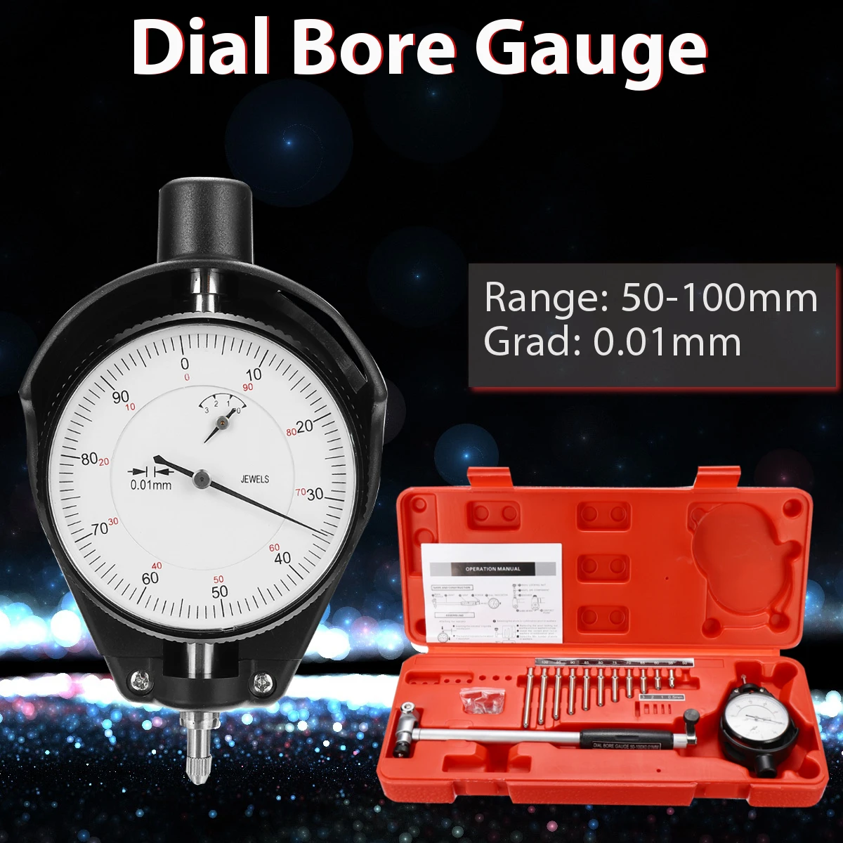 

50-100mm Grad 0.01mm Steel+ABS Range Dial Bore Gauge Measuring Indicator Resolution Tool Movable Probe/Changeable Durability
