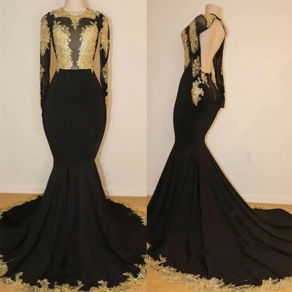 

New Backless Gold Applique Mermaid Prom Dress Party Formal Gown Evening Pageant