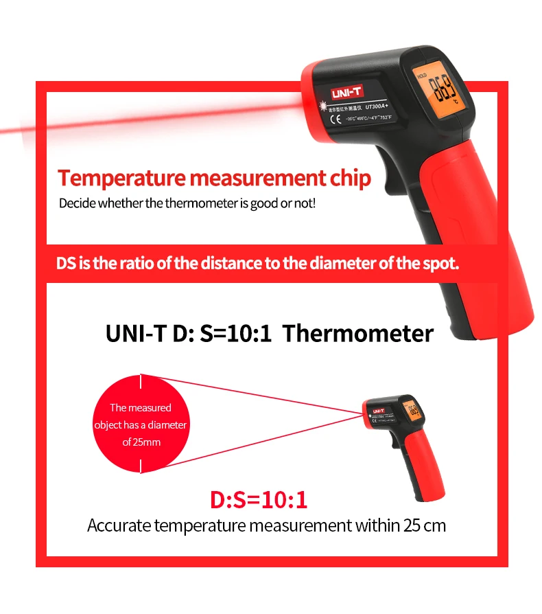 UNI-T цифровой инфракрасный термометр UT300A+ Бесконтактный температурный пистолет макс 400 градусов по Цельсию ЖК-дисплей ИК лазерный термометр